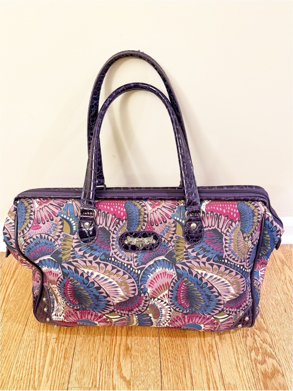 🌸 Kathy Van Zeeland Purple Croc & Butterfly Print Large Satchel Handbag